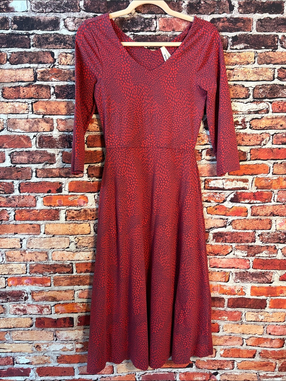 Pact Red & Burgundy Patterned V-Neck Midi Fit-and-Flare Dress Organic Cotton S